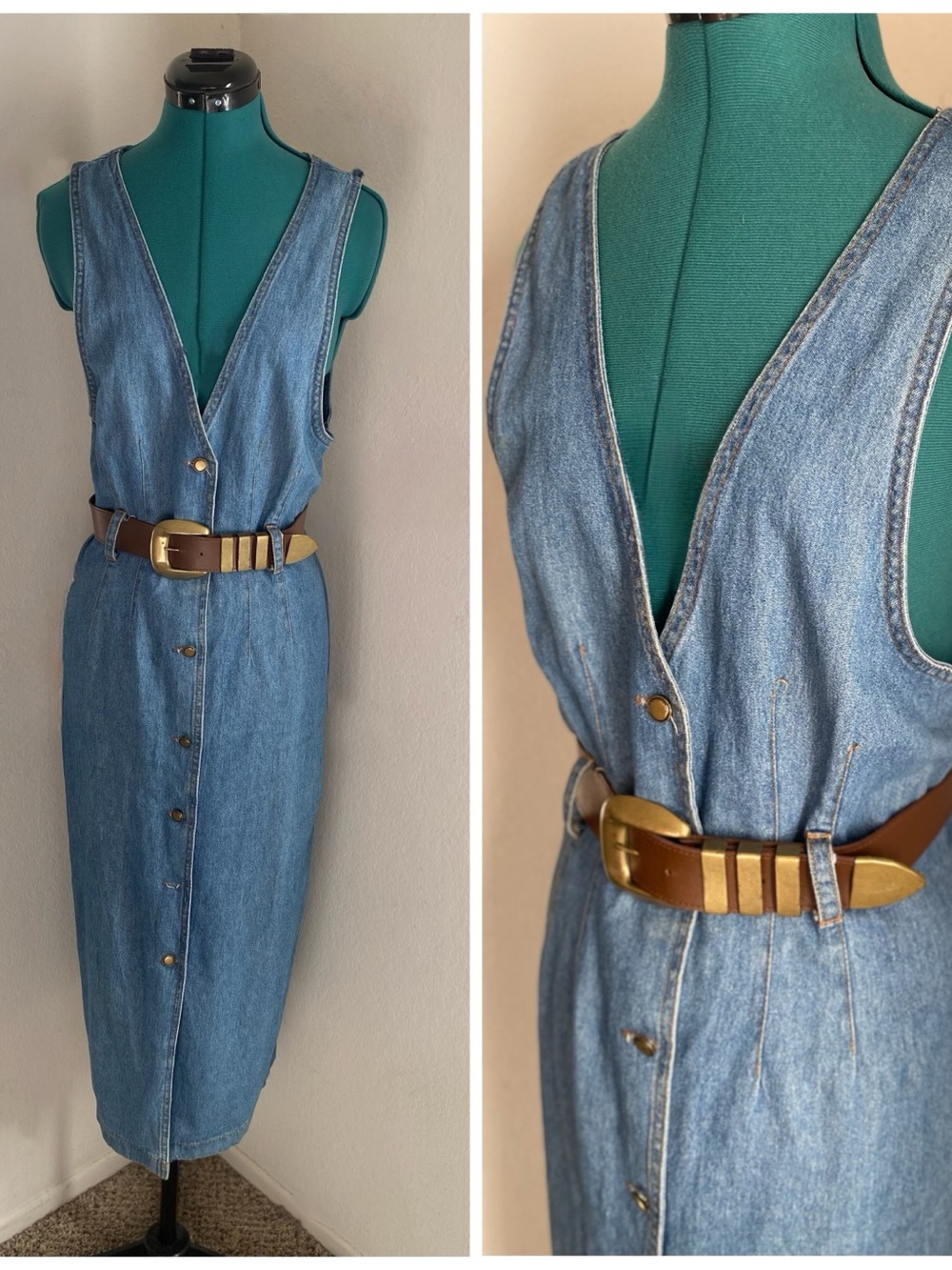 Studio Ease V-Neck Vintage Sleeveless Blue Denim Midi Dress Size 8